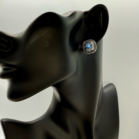 EarSense Jewelry - Chic Silver and Blue Square Stud Earrings